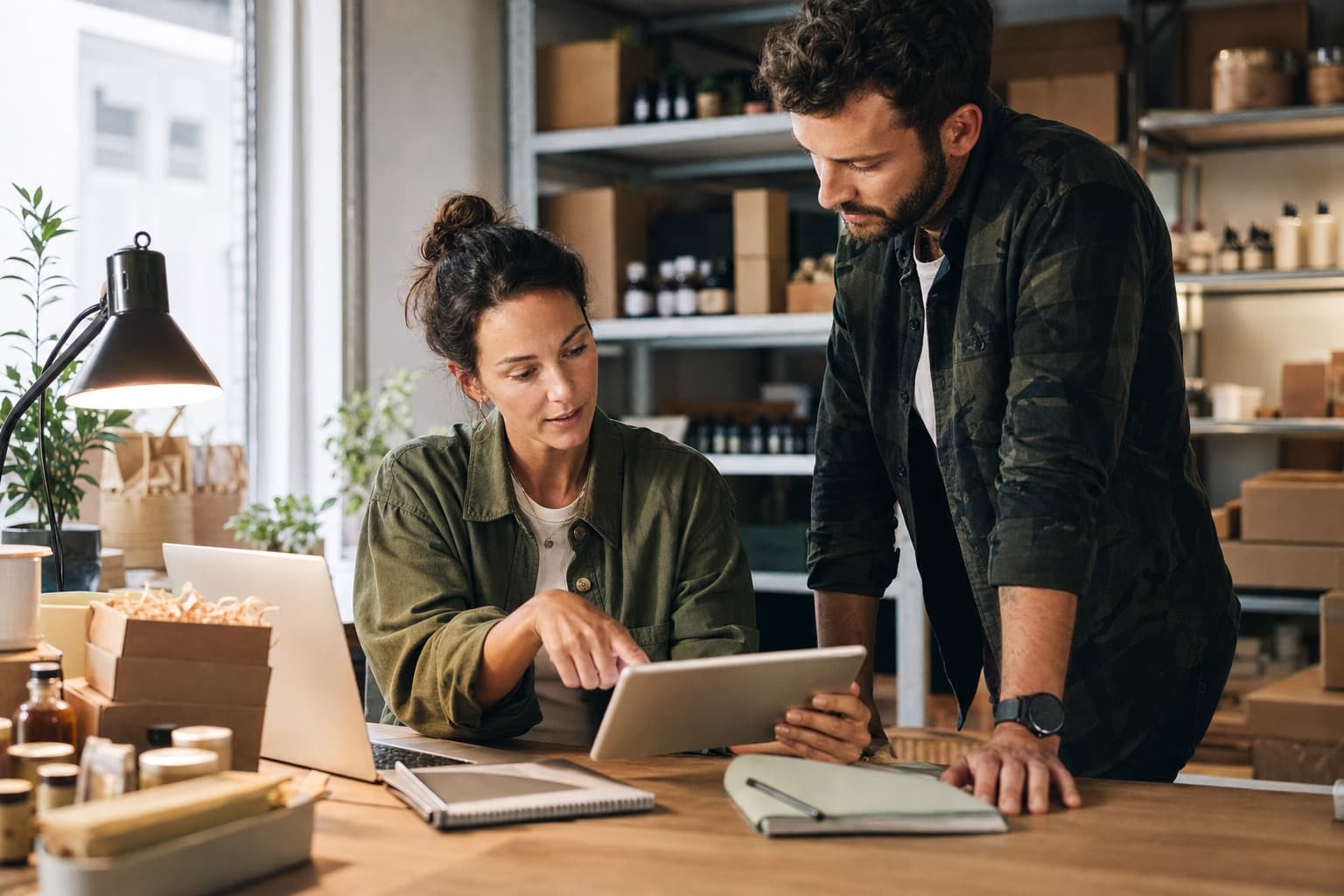 Small-business owners reviewing what their work is earning