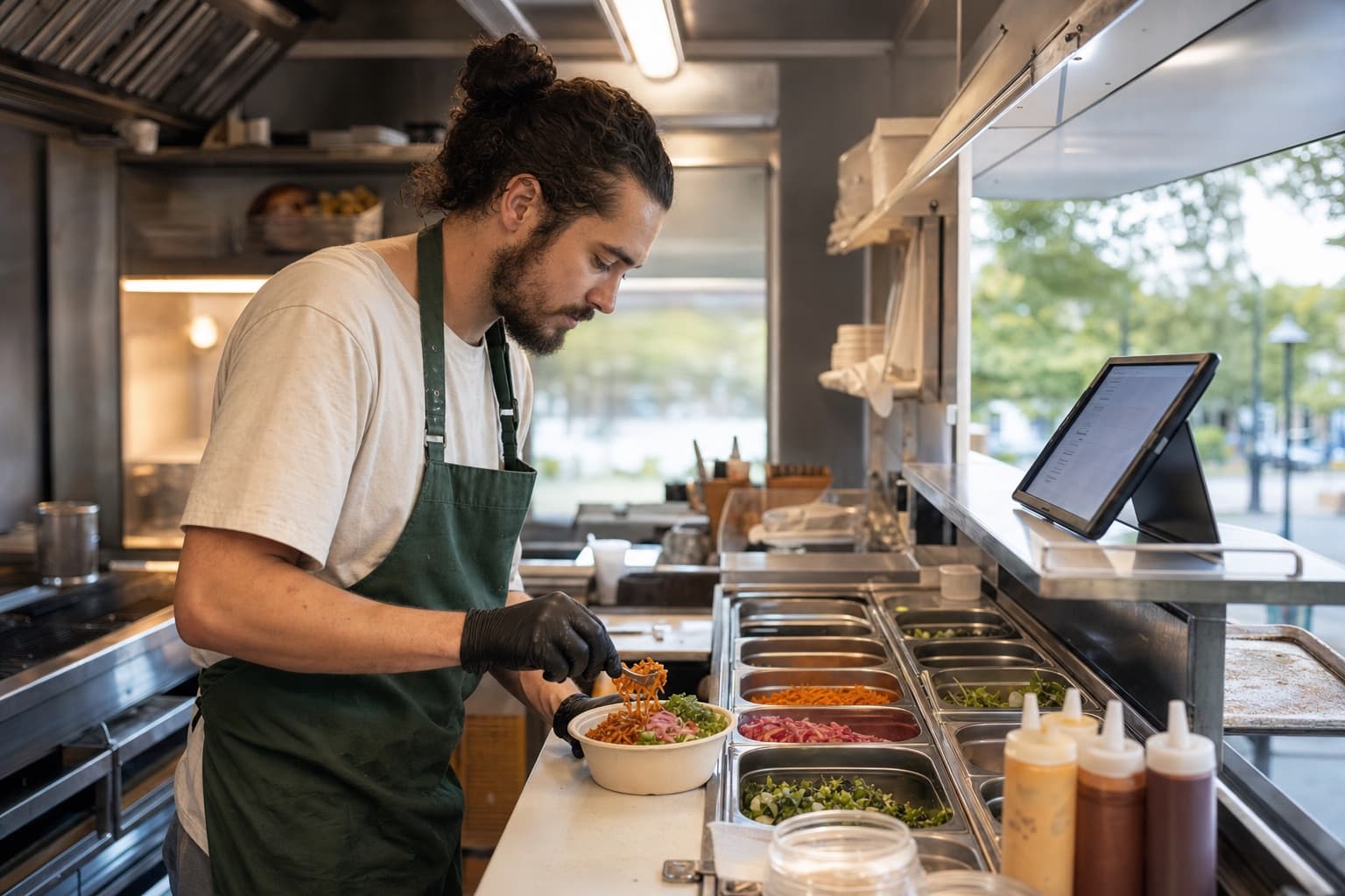 A food business owner preparing an order from tracked ingredients