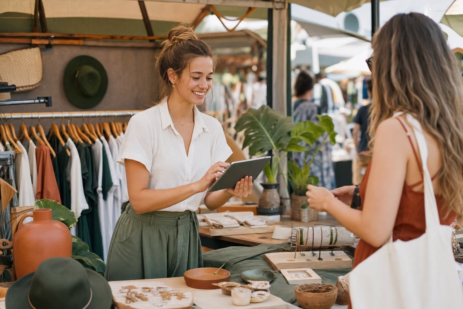 A young retail owner running a busy customer moment