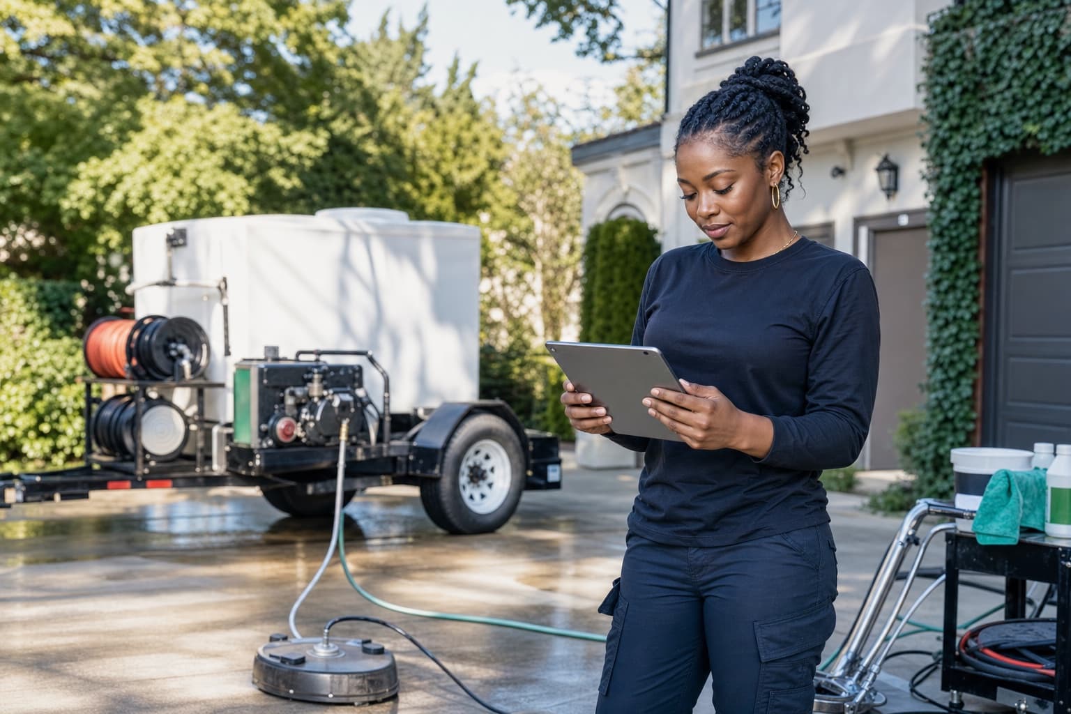 A small-business owner managing the day from a tablet