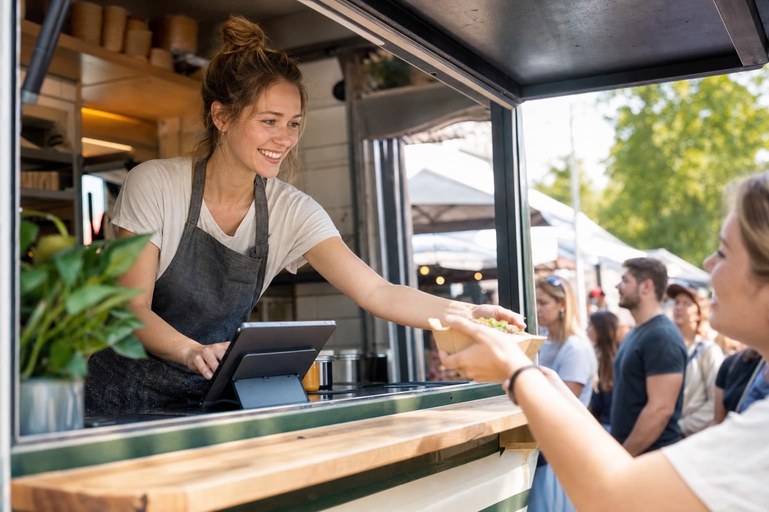 A young food-truck owner ringing up a customer at a street fair