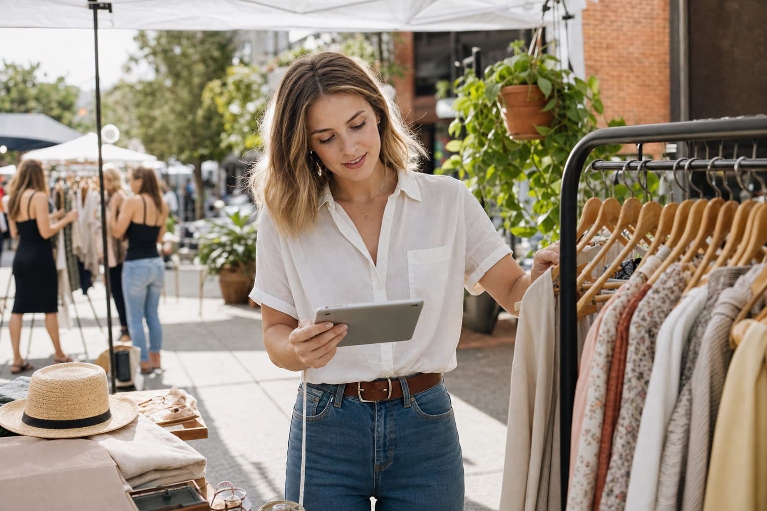 A young boutique owner checking a sale on her tablet at a pop-up shop