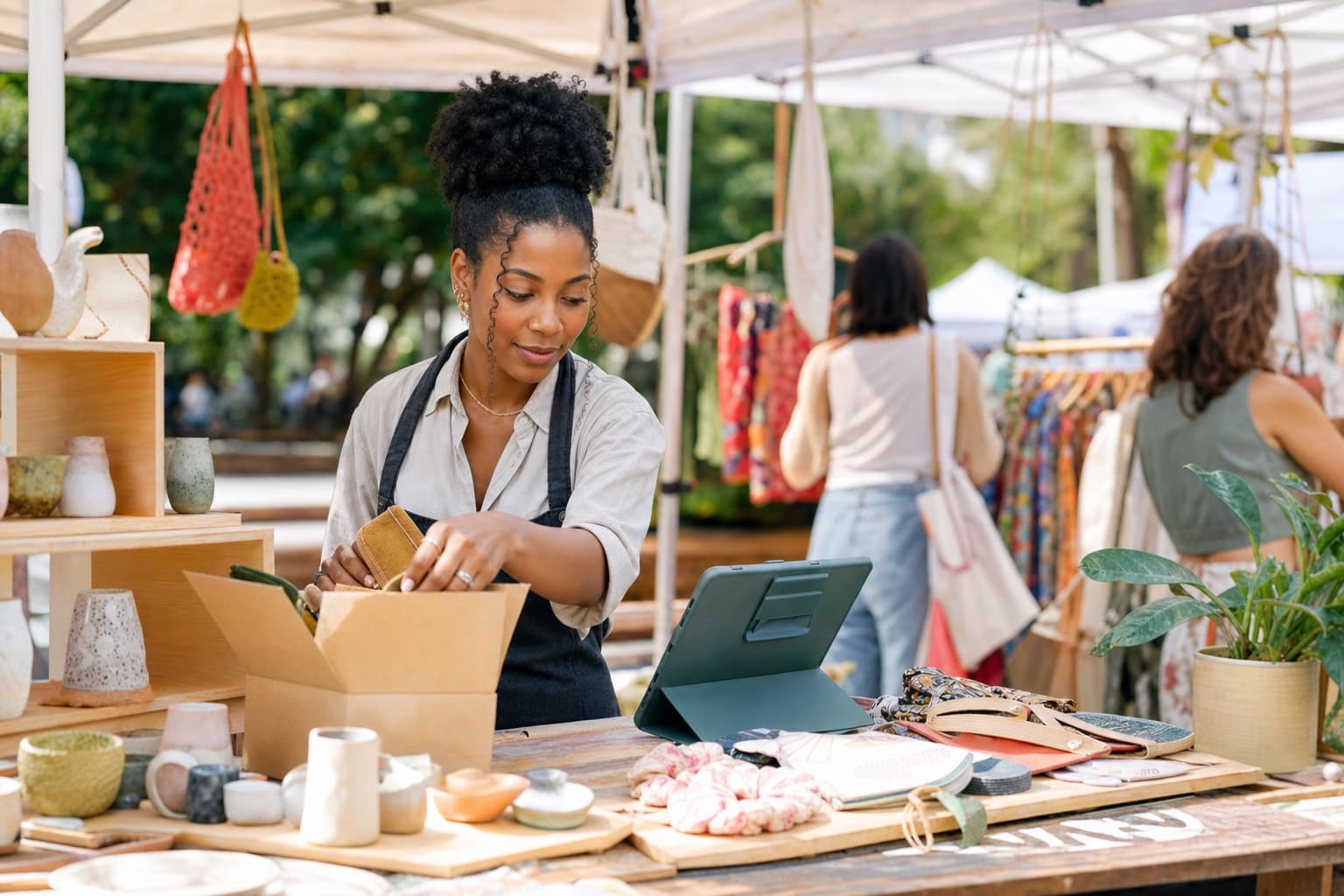 A young business owner packing a purchase at her pop-up shop