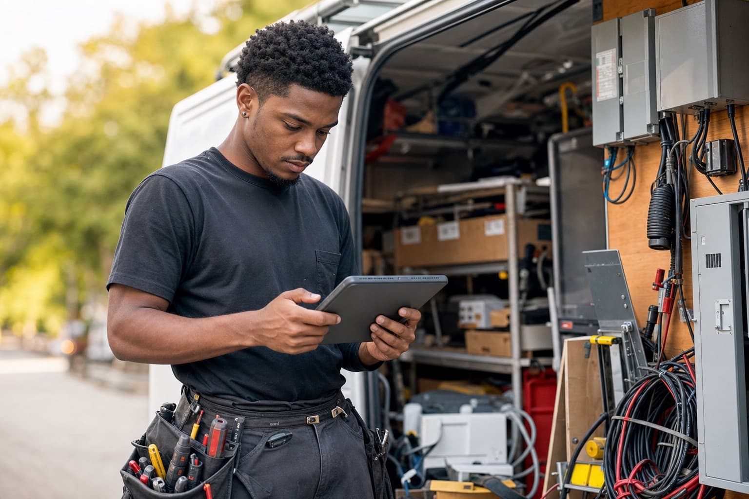 A young electrician organizing supplies in a service van