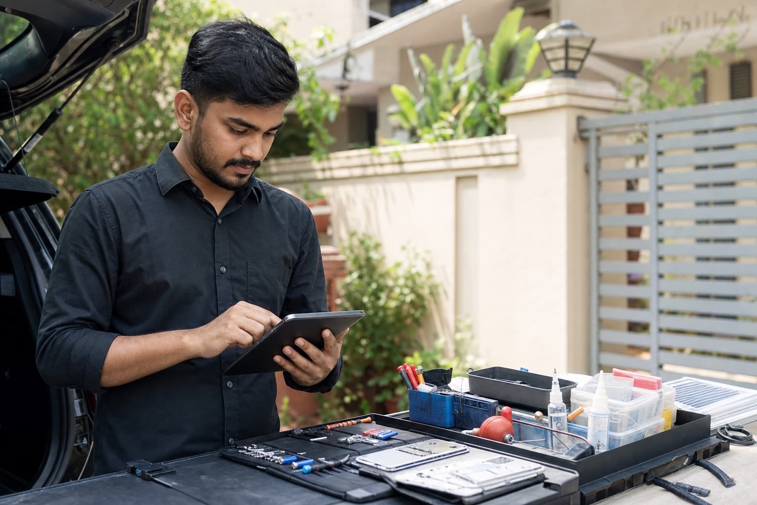 A young mobile service owner reviewing the day’s appointments beside a work vehicle