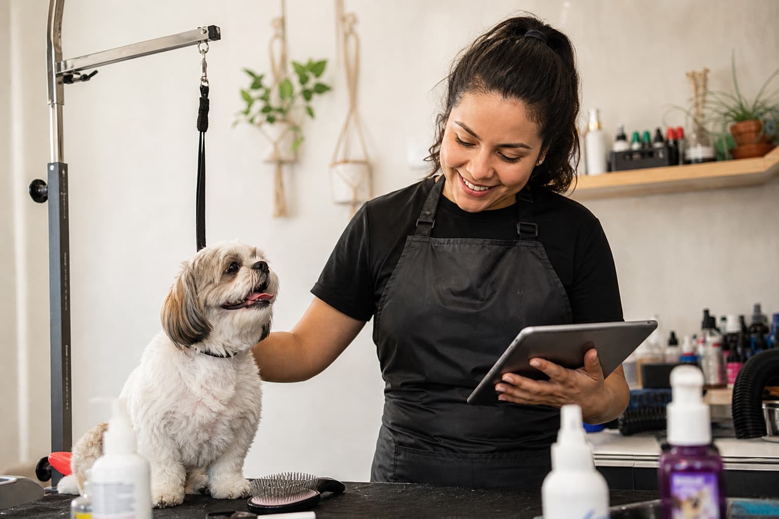 A young mobile groomer greeting a dog while reviewing the day’s work