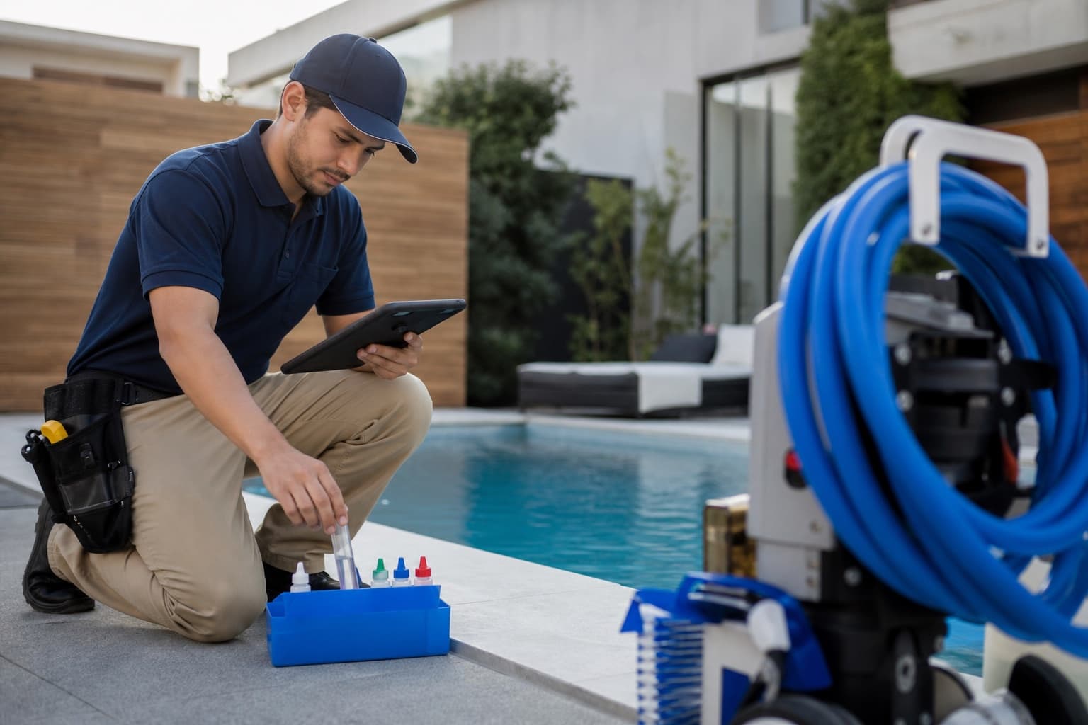 A young pool service owner checking water at a customer’s pool