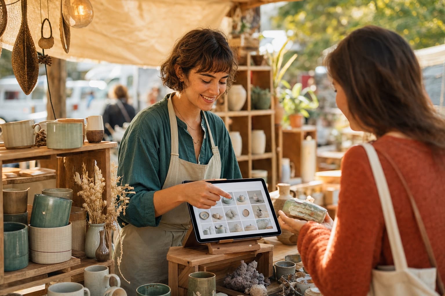 A mobile retail owner ringing up a customer sale on a tablet