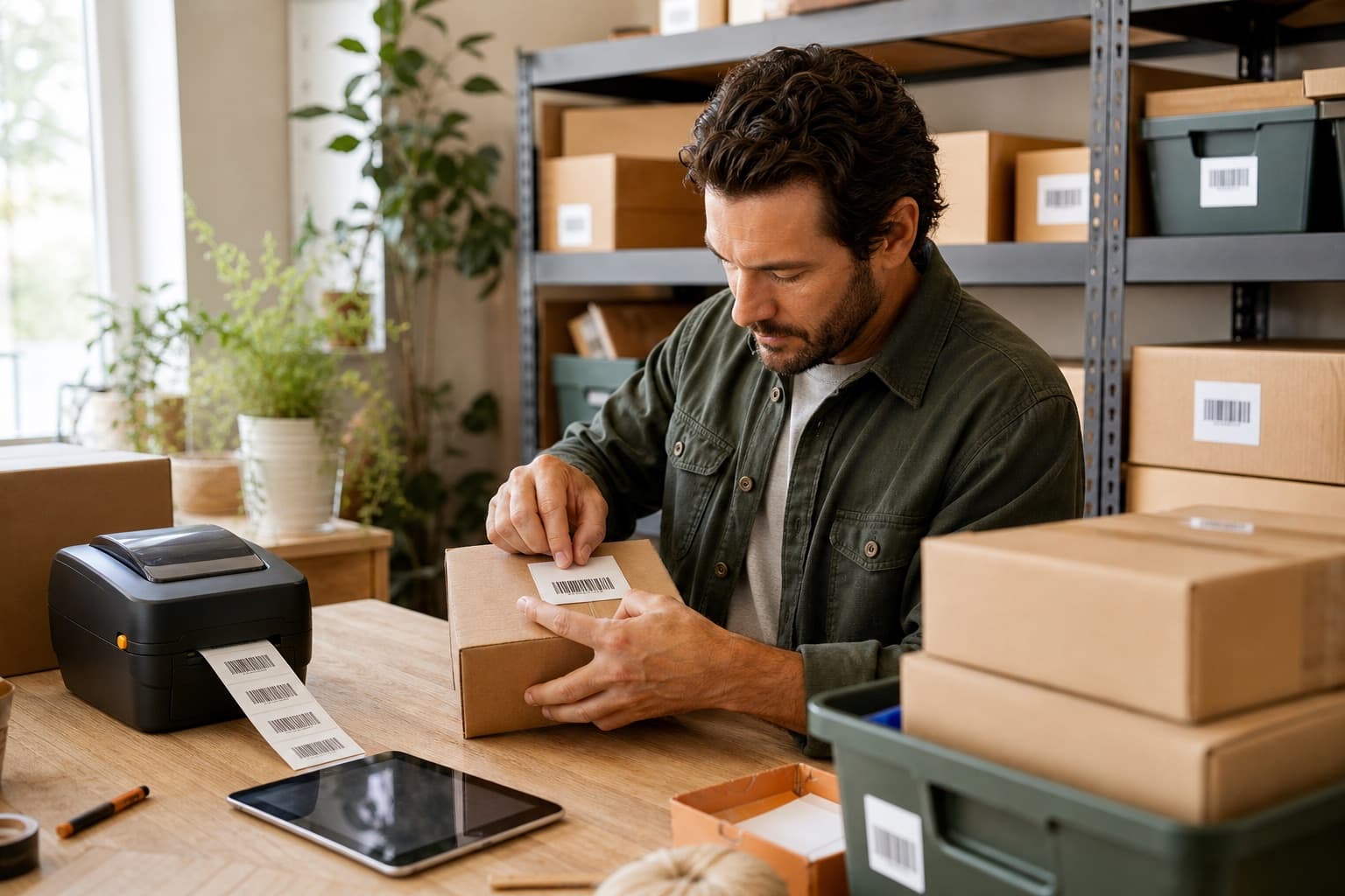 A small-business owner printing and applying barcode labels