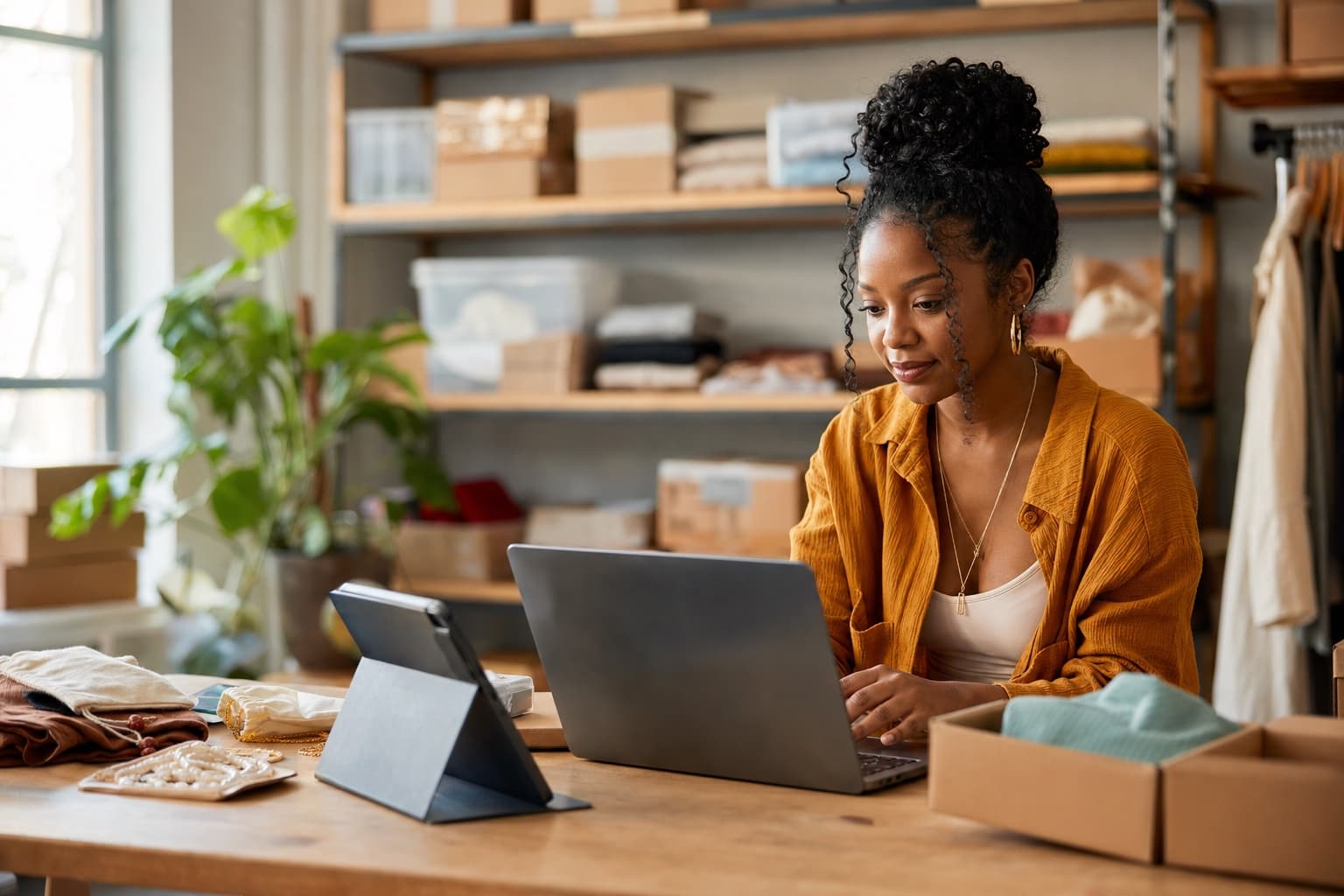 A young business owner connecting her operation from a laptop and tablet