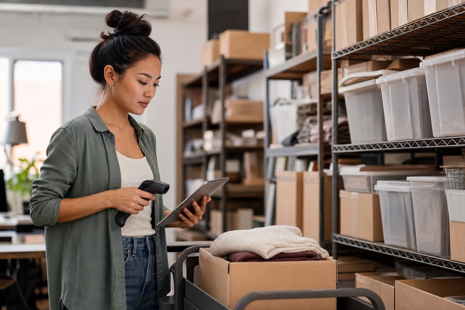 A young business owner scanning stock in an organized warehouse