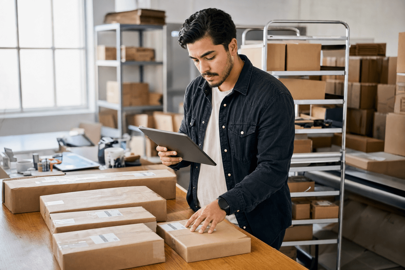 A young distributor checking outgoing orders on a tablet
