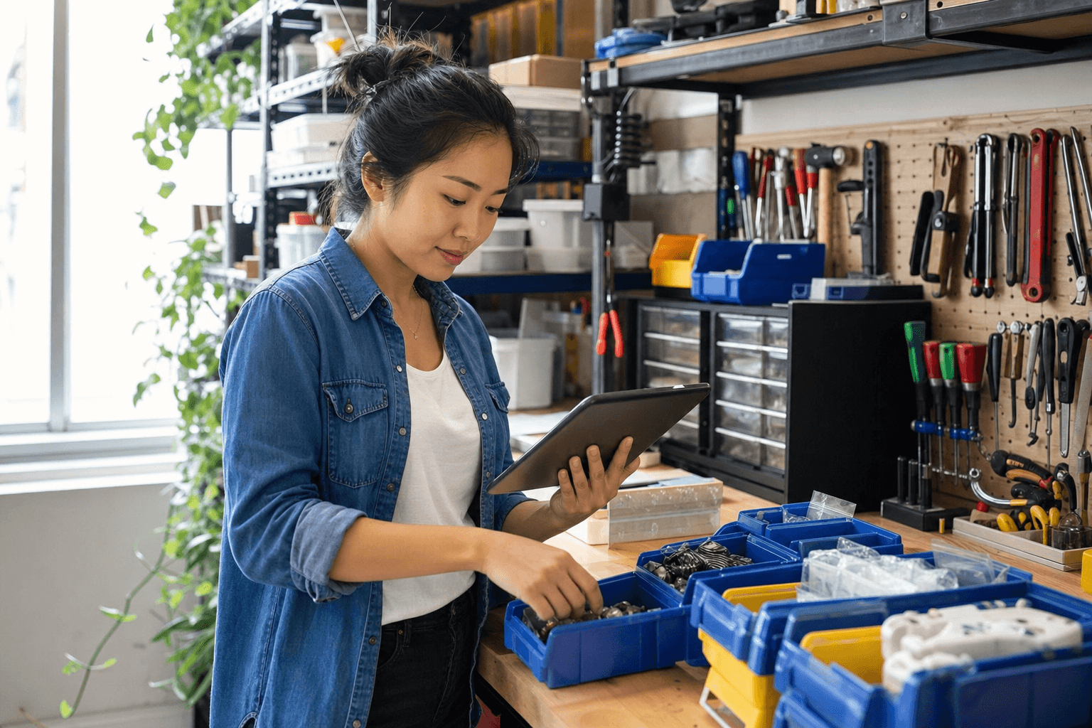 A young business owner organizing tools and parts at a workbench