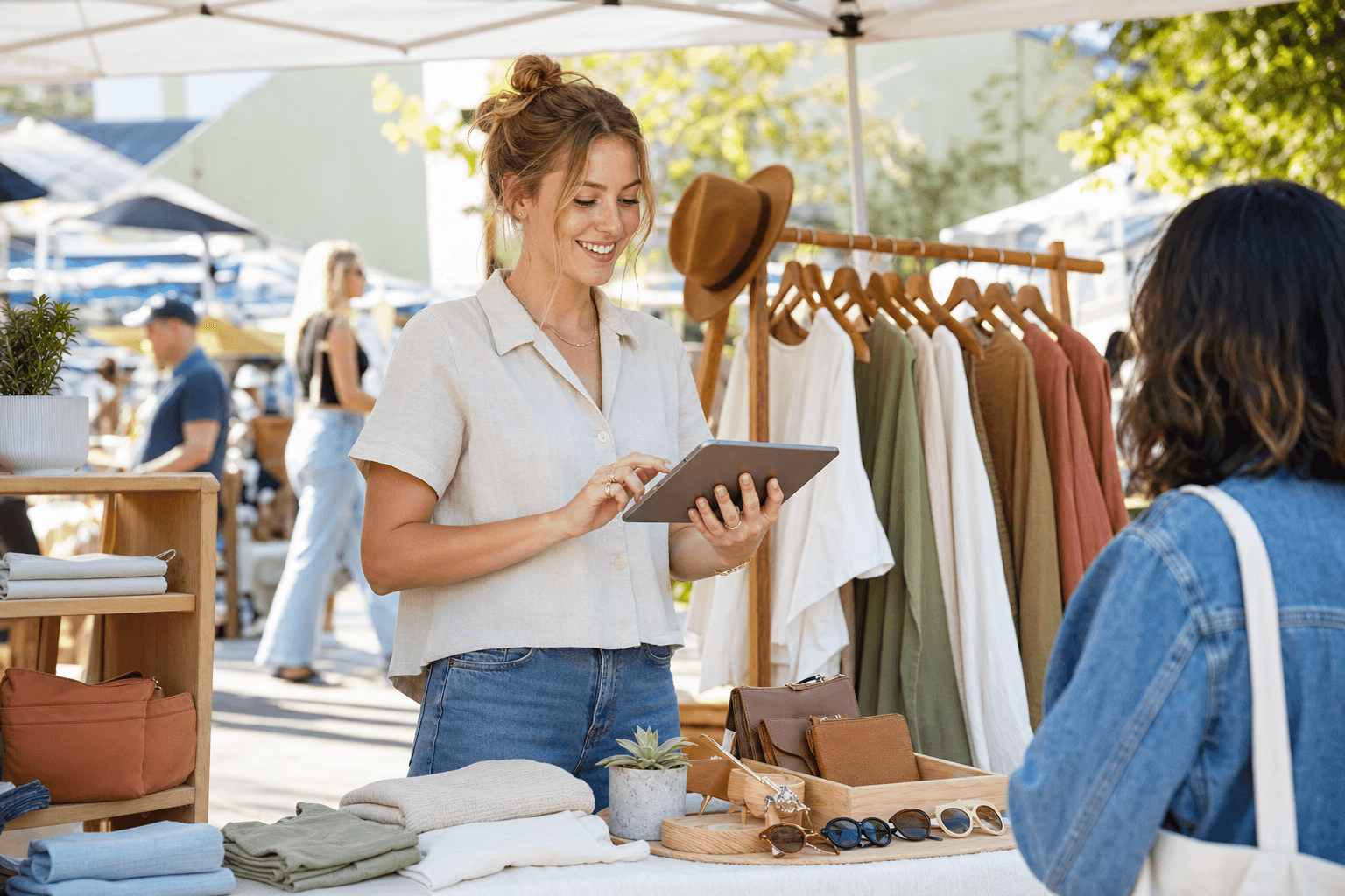 A young retail owner ringing up a customer at a pop-up display
