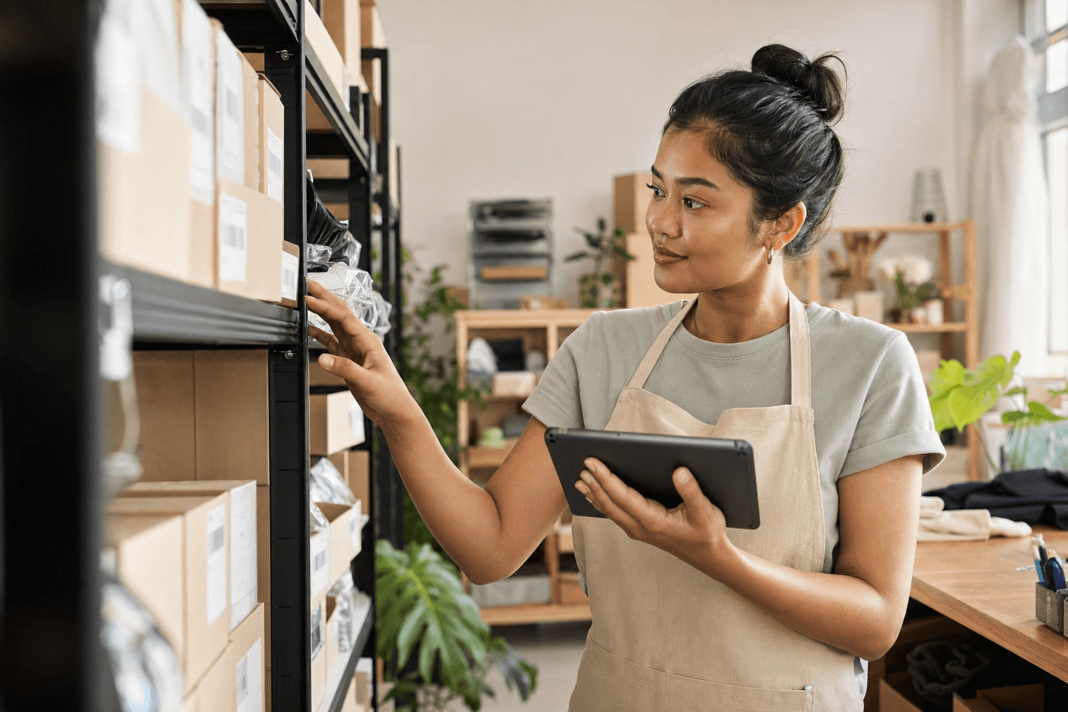 A young stockroom owner using a tablet to keep shelves organized