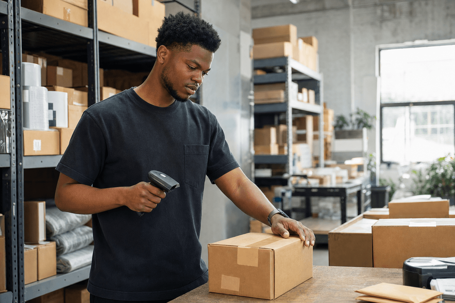 A young warehouse owner scanning incoming cartons at receiving