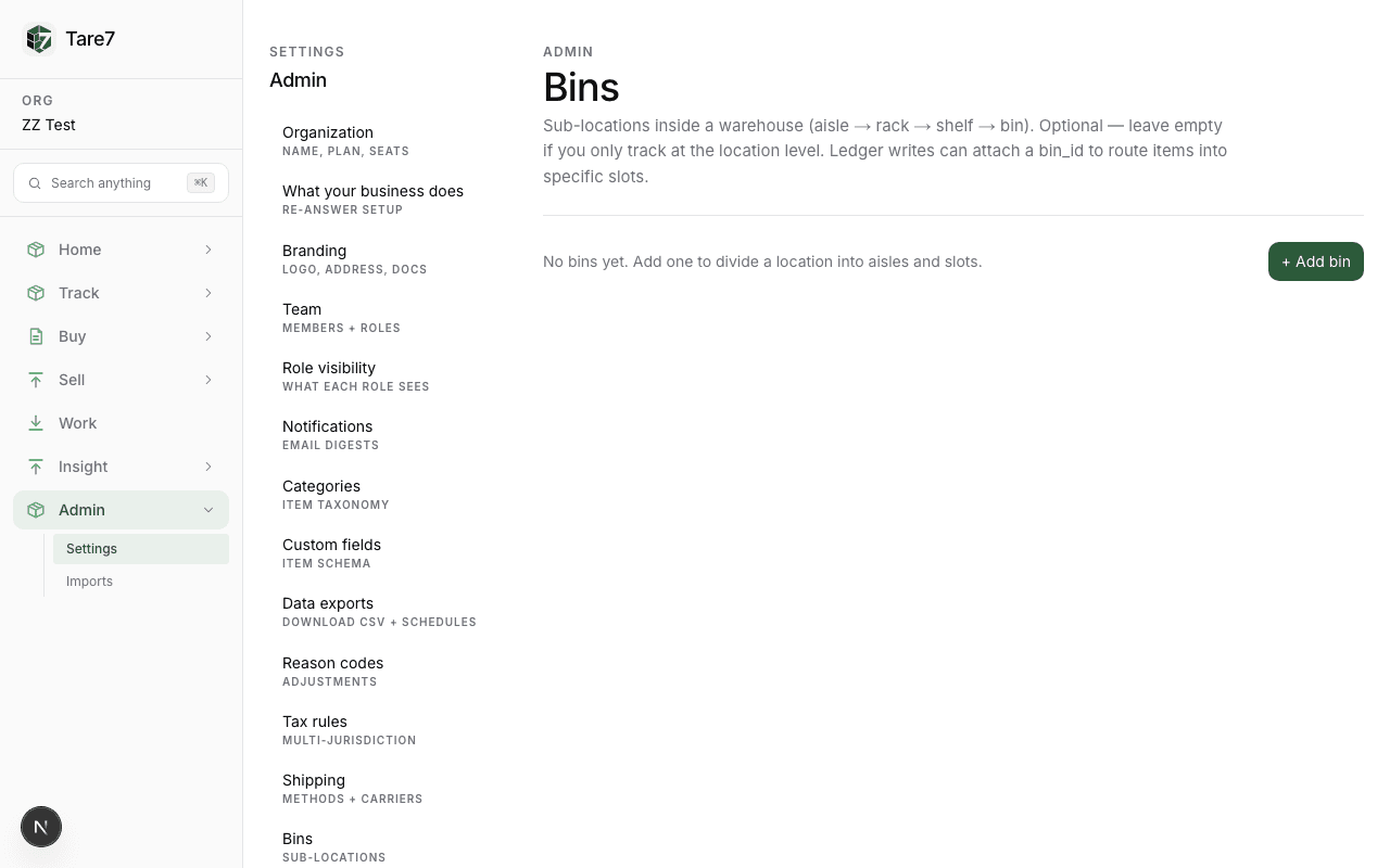 Bin location tree