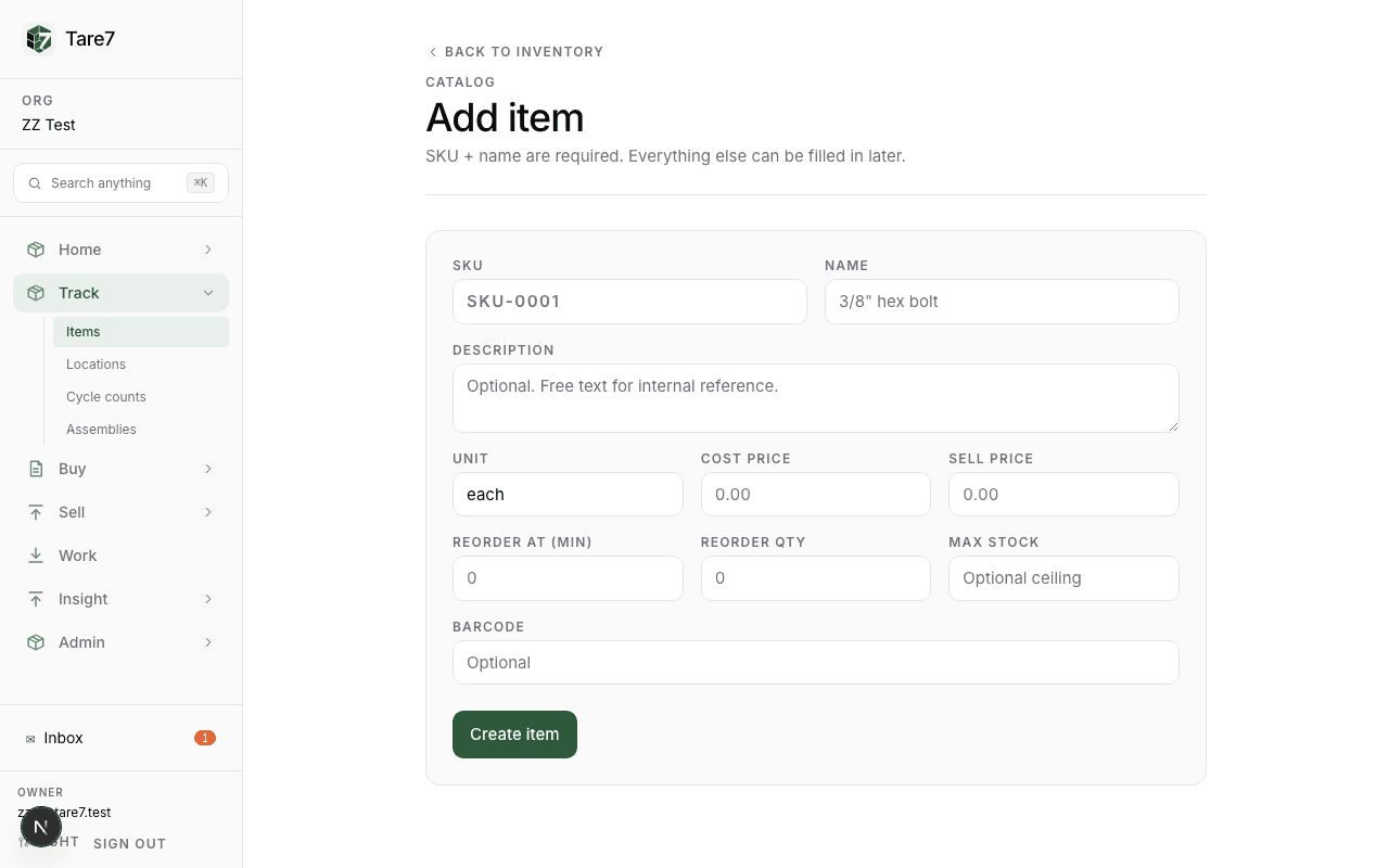 New inventory item form
