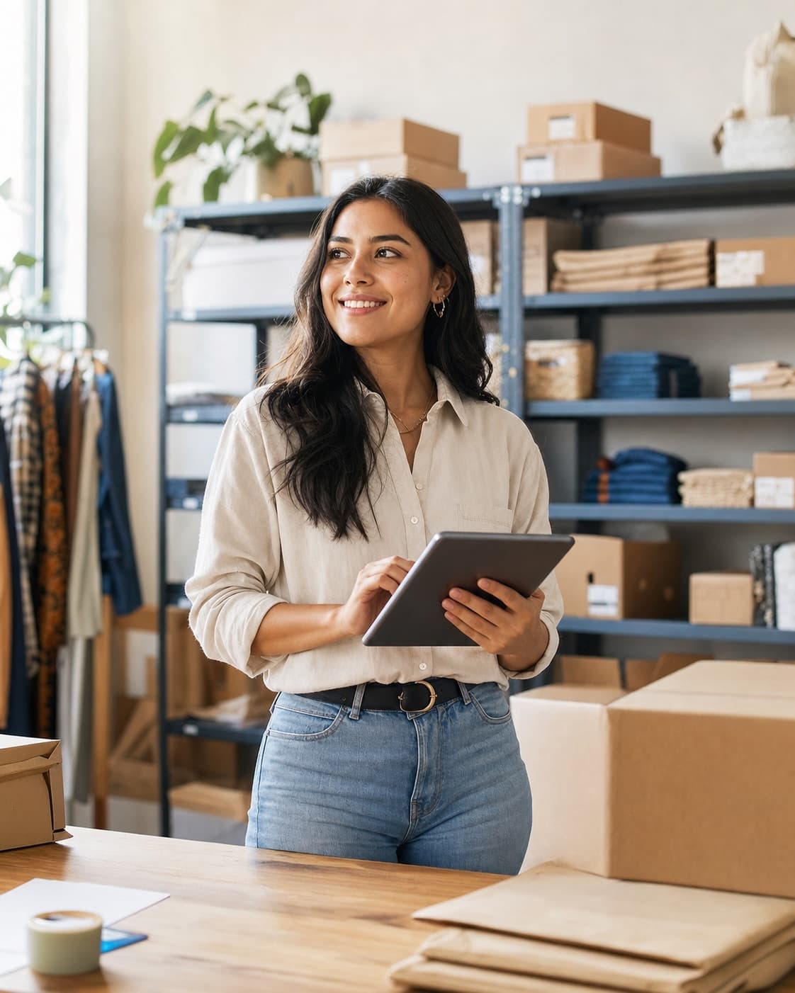 A small-business owner using a tablet to keep her stockroom organized